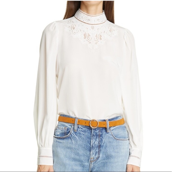 Frame Ada Silk Blouse Lace Cutout Embroidered Top Off White XXS NWT - Picture 3 of 13